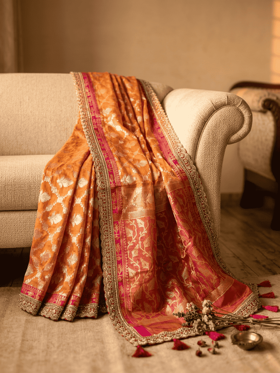 Suryamukhi — Bamboo Kora Saree in Mustard-Yellow to Pink with Scallop Lace Border
