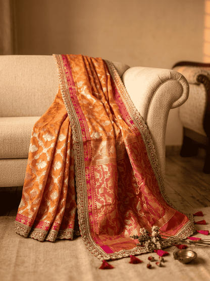 Suryamukhi — Bamboo Kora Saree in Mustard-Yellow to Pink with Scallop Lace Border