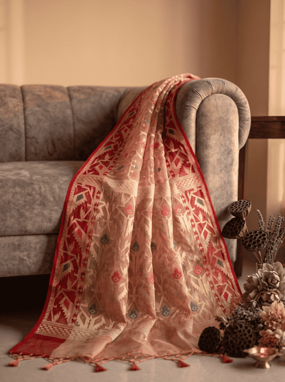 Gulnar — Bamboo Kora Saree in Dusty Pink with Geometric Jaal Weave