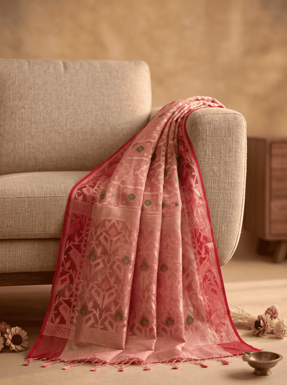 Rosanjali — Bamboo Kora Saree in Rose-Gold with Geometric Jaal Weave