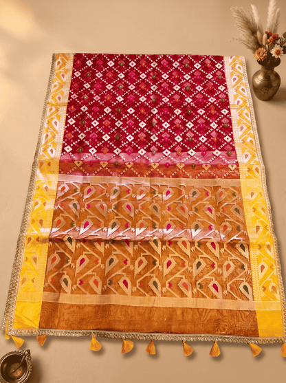 Rangmanjari — Bamboo Kora Saree in Magenta-Red with Multicolour Patola Weave & Lace Border