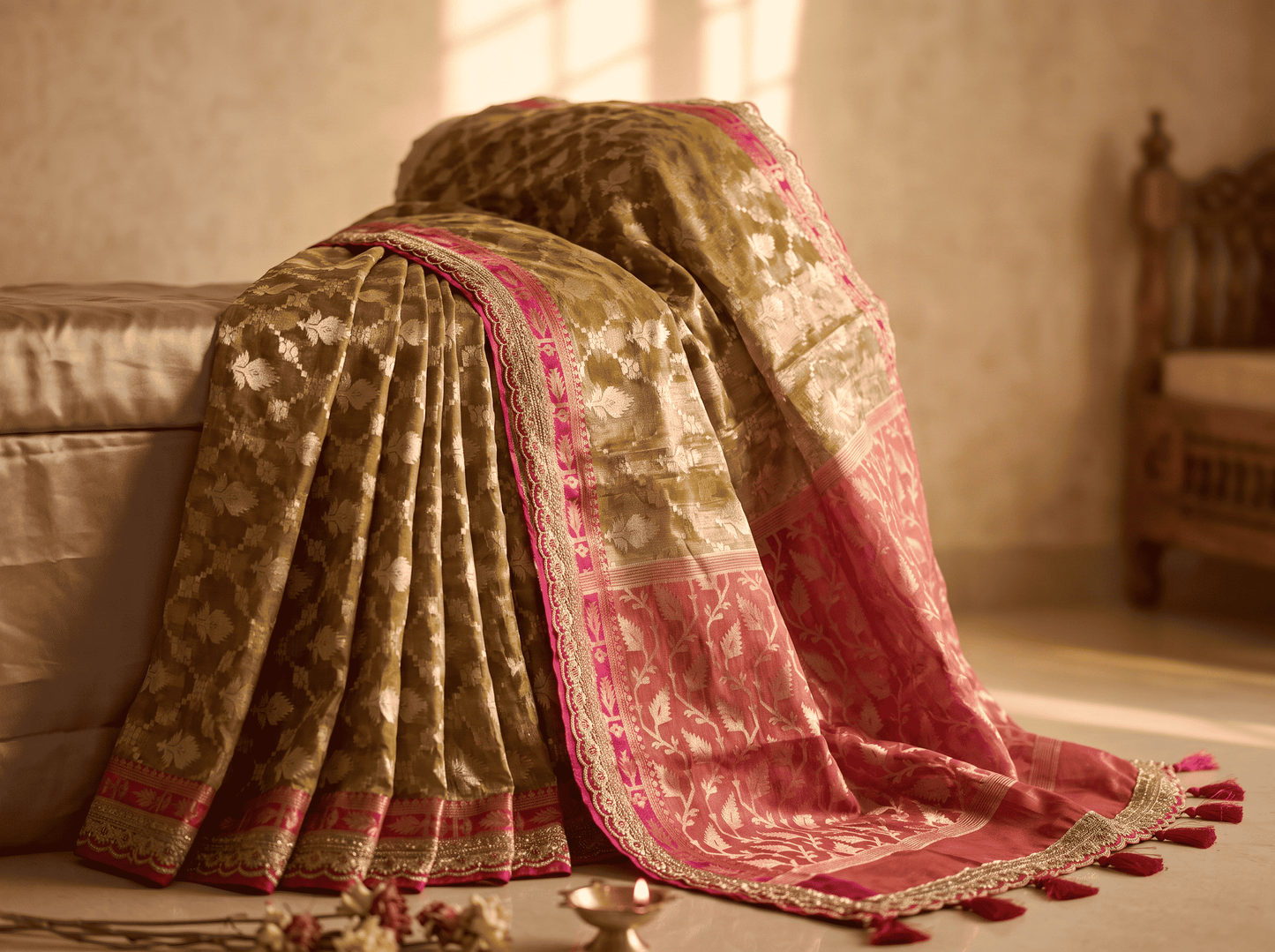 Ranjika — Bamboo Kora Saree in Olive-Green with Scallop Lace Border