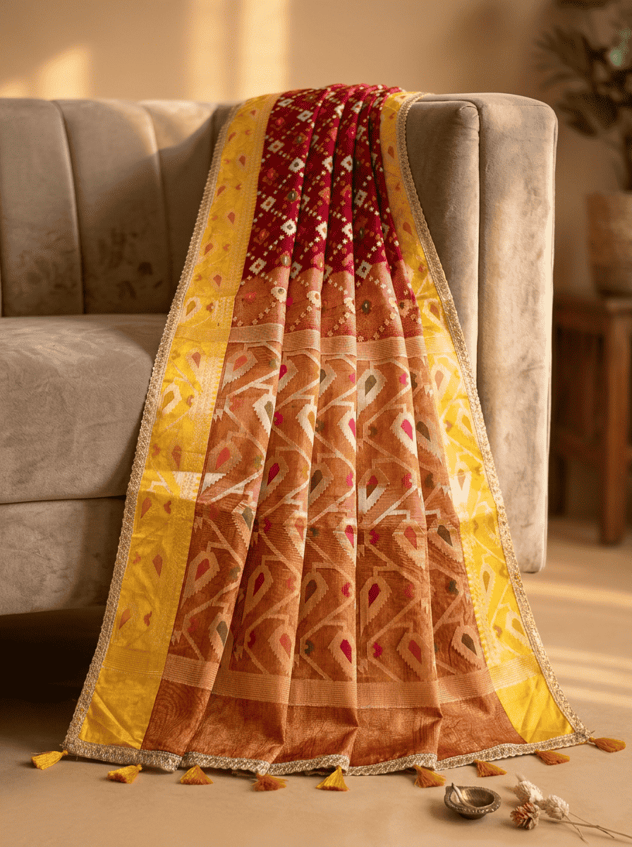 Rangmanjari — Bamboo Kora Saree in Magenta-Red with Multicolour Patola Weave & Lace Border