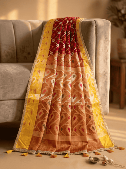 Rangmanjari — Bamboo Kora Saree in Magenta-Red with Multicolour Patola Weave & Lace Border