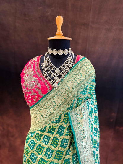 Haritambari — Georgette Khaddi Saree with Bandhani Zari
