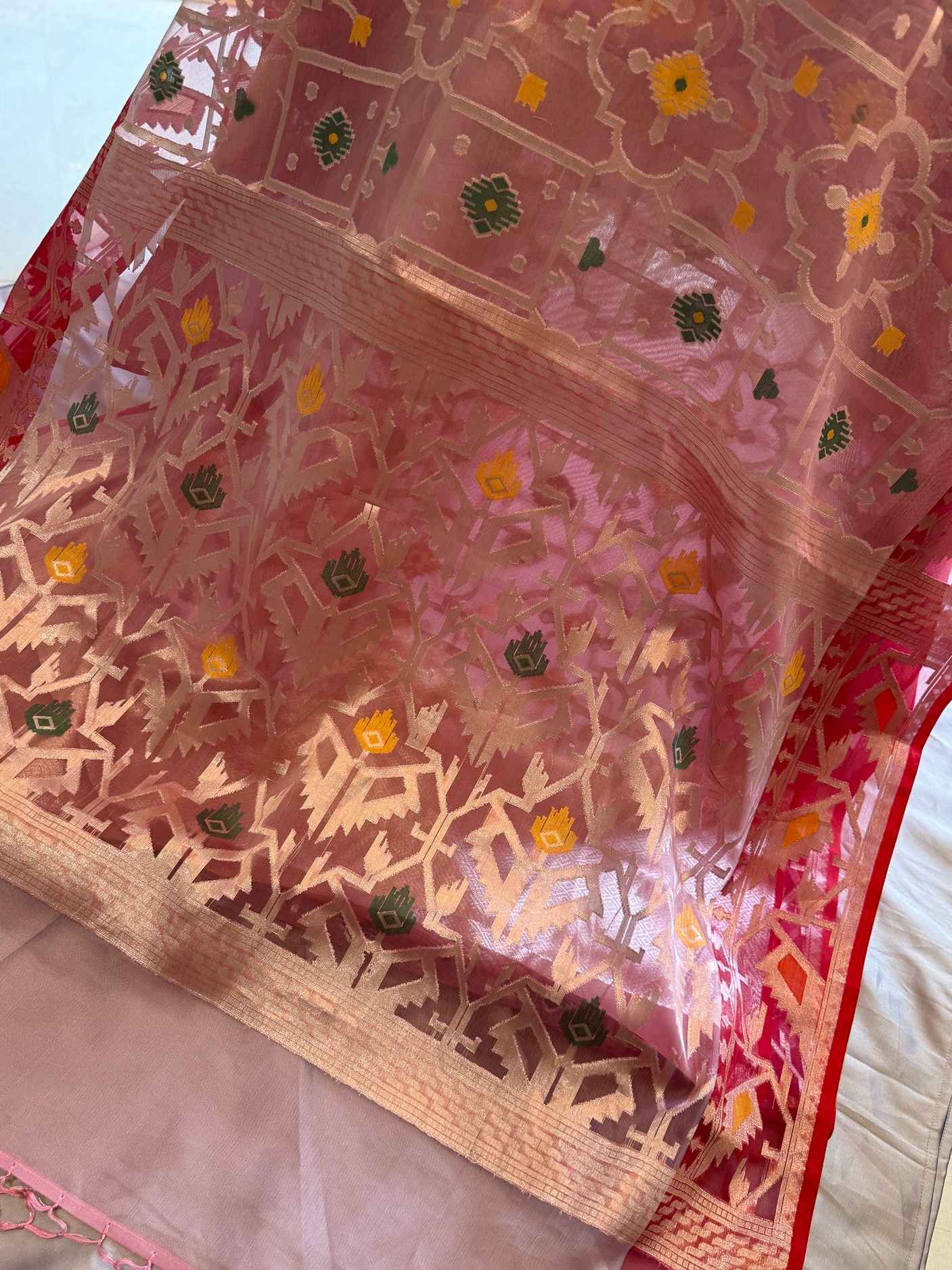 Rosanjali — Bamboo Kora Saree in Rose-Gold with Geometric Jaal Weave