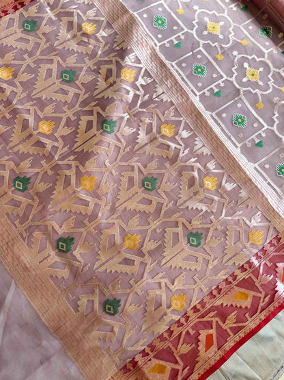 Rosanjali — Bamboo Kora Saree in Rose-Gold with Geometric Jaal Weave