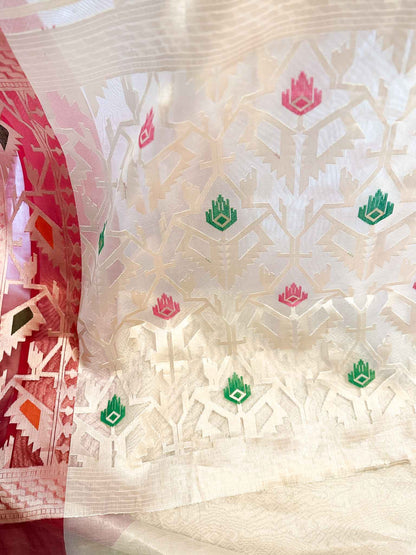 Shubranjali — Bamboo Kora Saree in White with Geometric Jaal Weave