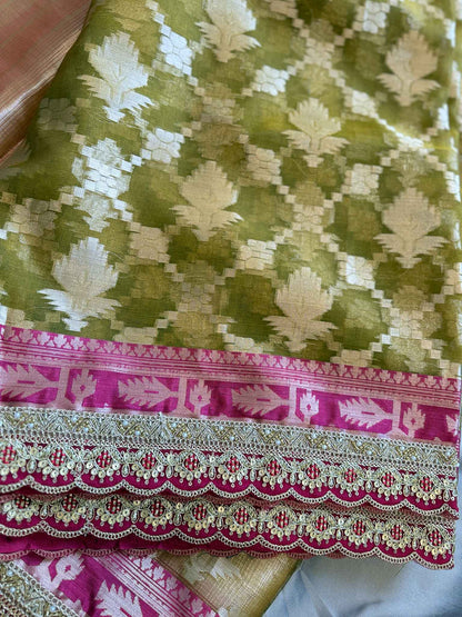 Ranjika — Bamboo Kora Saree in Olive-Green with Scallop Lace Border