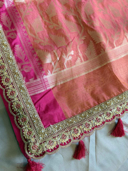 Ranjika — Bamboo Kora Saree in Olive-Green with Scallop Lace Border