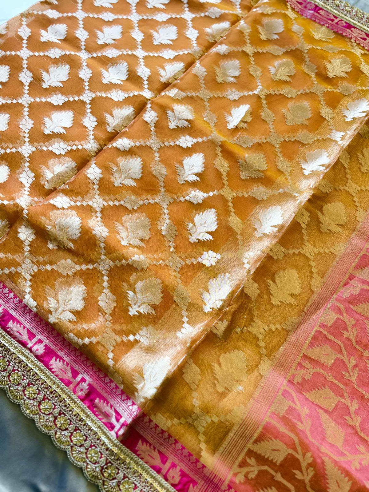 Suryamukhi — Bamboo Kora Saree in Mustard-Yellow to Pink with Scallop Lace Border