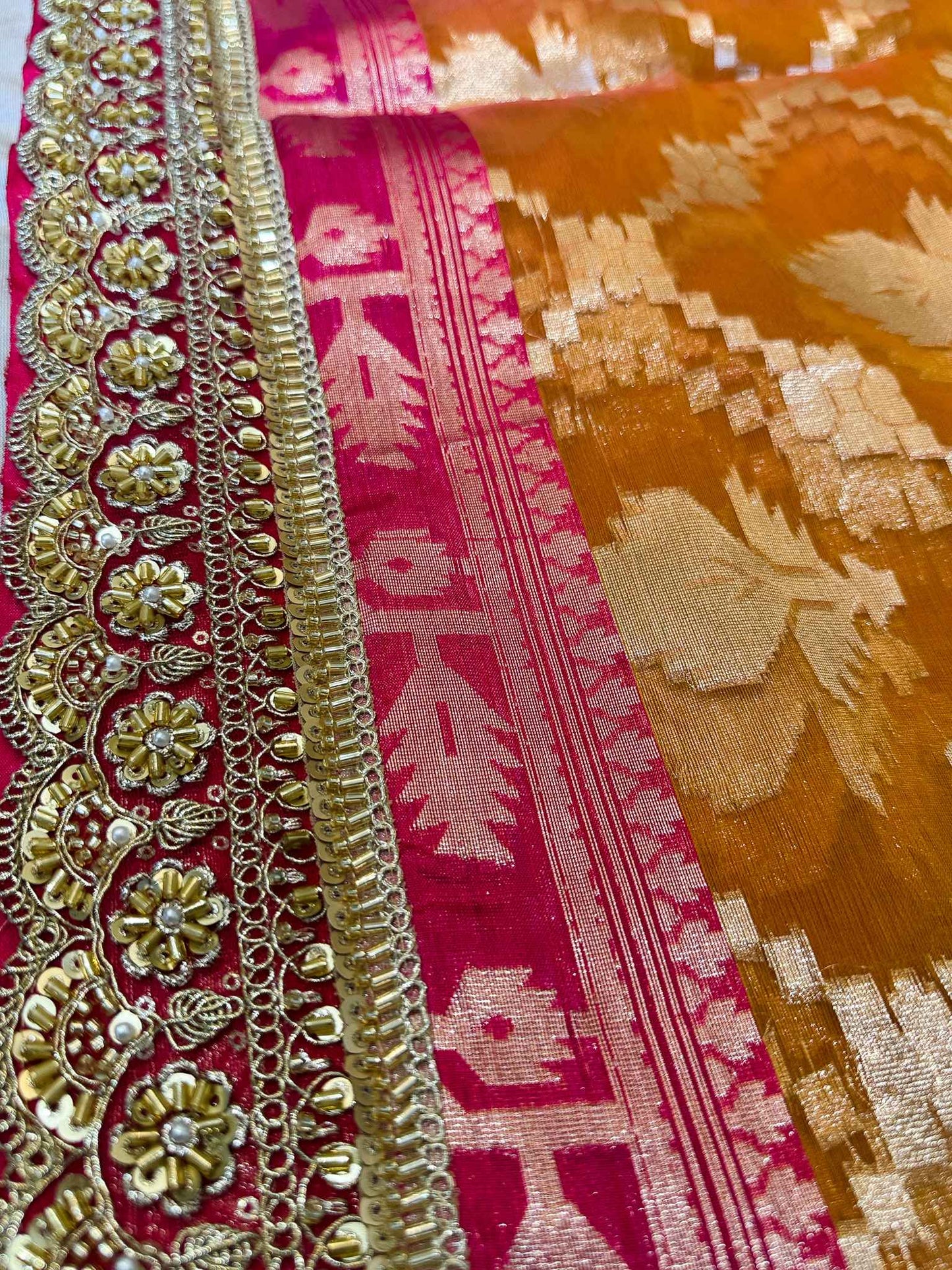 Suryamukhi — Bamboo Kora Saree in Mustard-Yellow to Pink with Scallop Lace Border