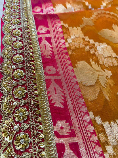 Suryamukhi — Bamboo Kora Saree in Mustard-Yellow to Pink with Scallop Lace Border