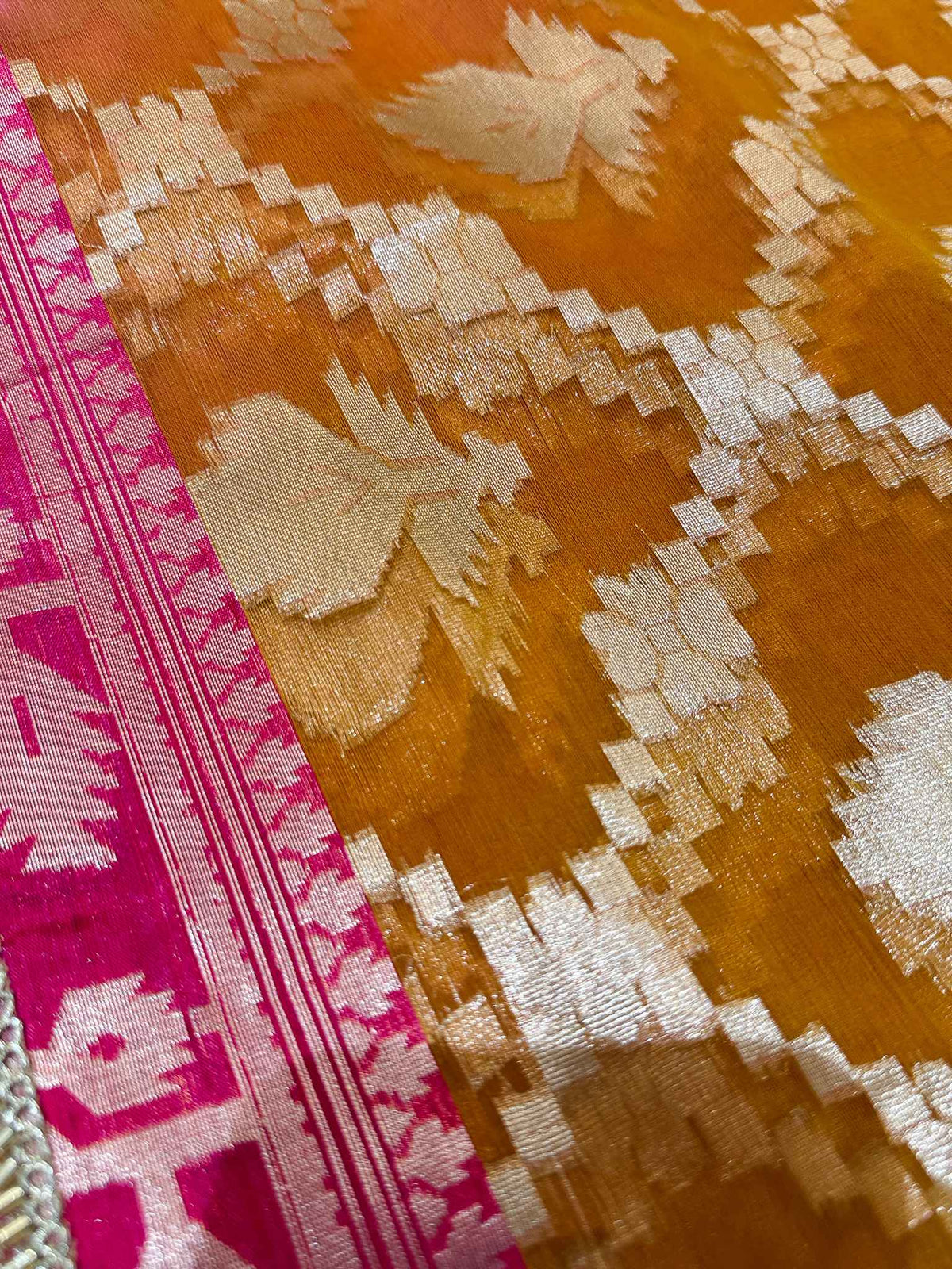 Suryamukhi — Bamboo Kora Saree in Mustard-Yellow to Pink with Scallop Lace Border
