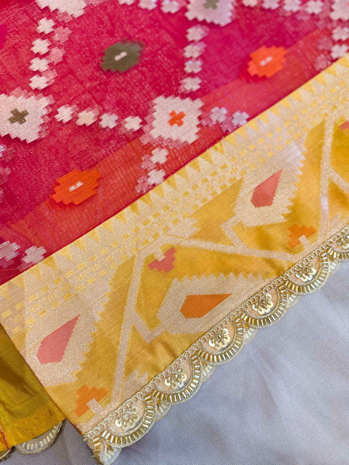 Rangmanjari — Bamboo Kora Saree in Magenta-Red with Multicolour Patola Weave & Lace Border