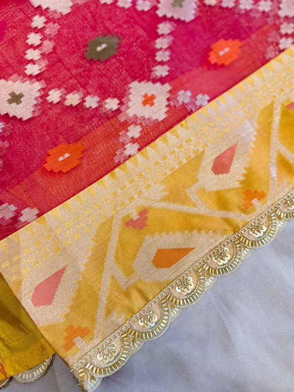 Rangmanjari — Bamboo Kora Saree in Magenta-Red with Multicolour Patola Weave & Lace Border