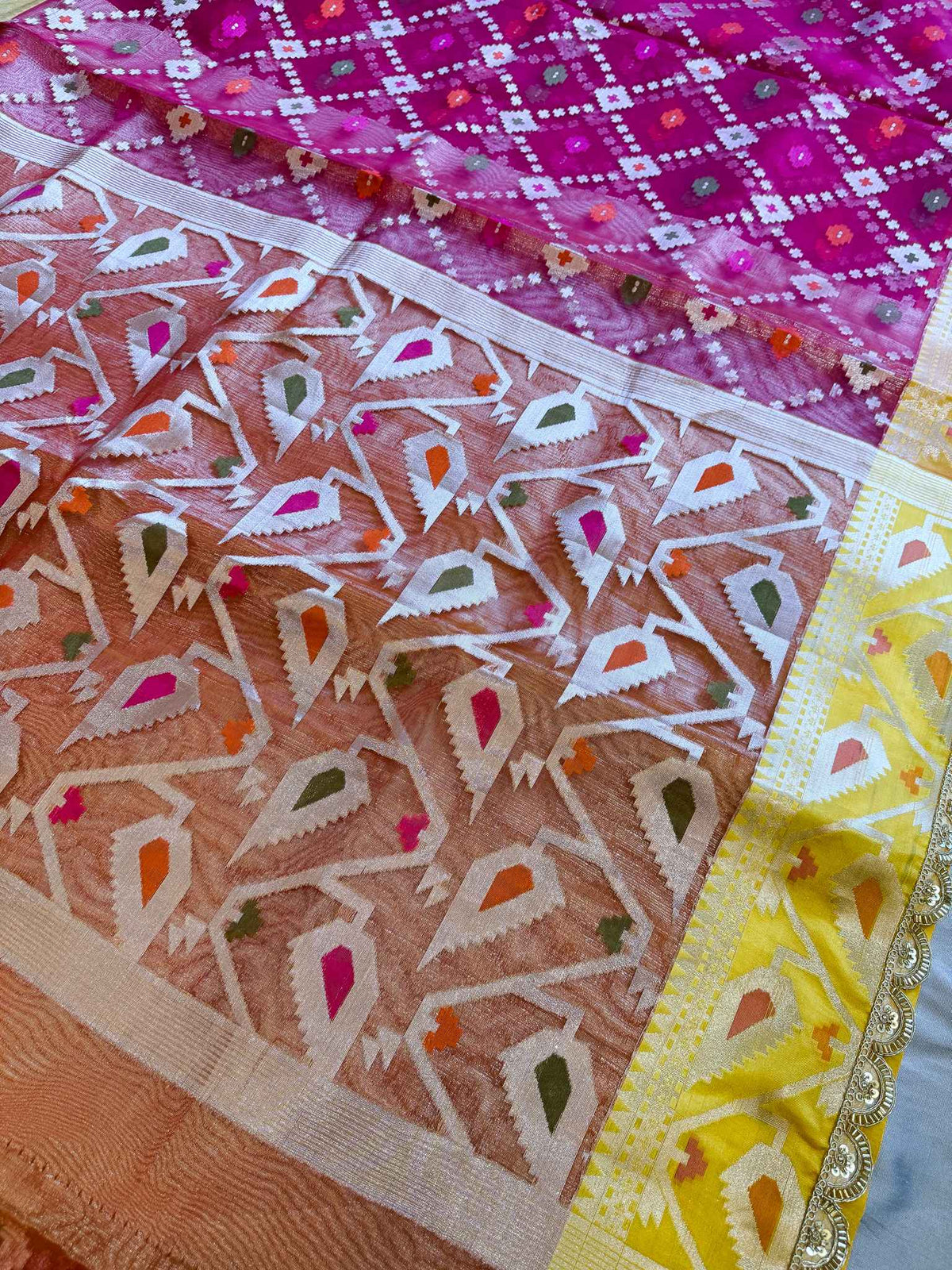 Rangmanjari — Bamboo Kora Saree in Magenta-Red with Multicolour Patola Weave & Lace Border