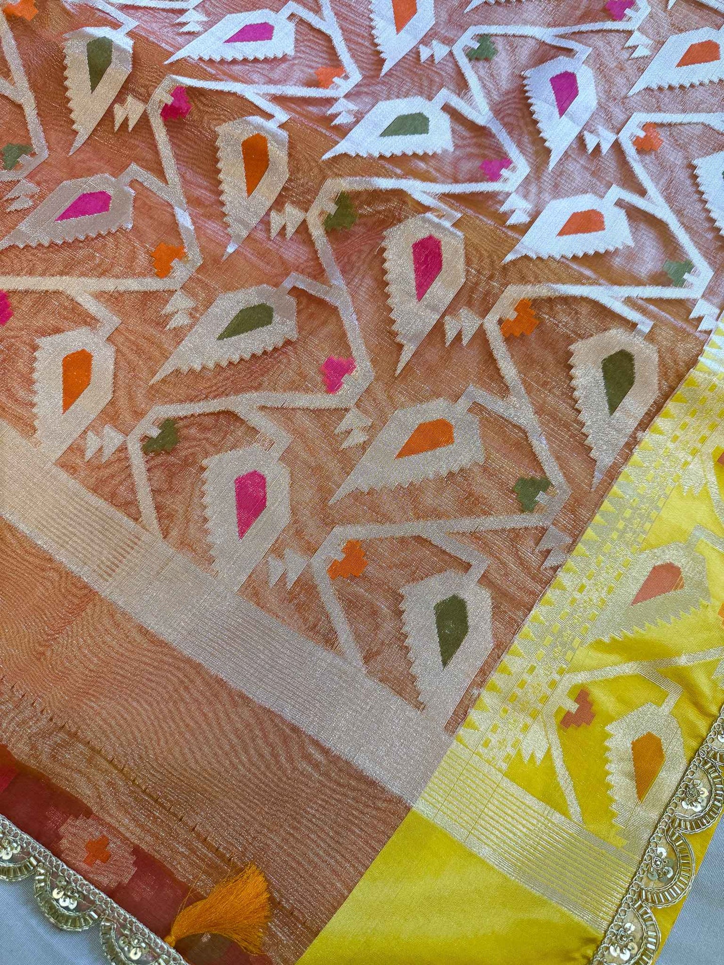 Rangmanjari — Bamboo Kora Saree in Magenta-Red with Multicolour Patola Weave & Lace Border