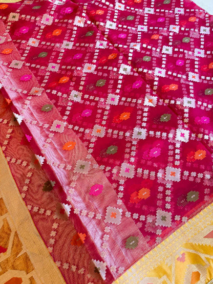 Rangmanjari — Bamboo Kora Saree in Magenta-Red with Multicolour Patola Weave & Lace Border