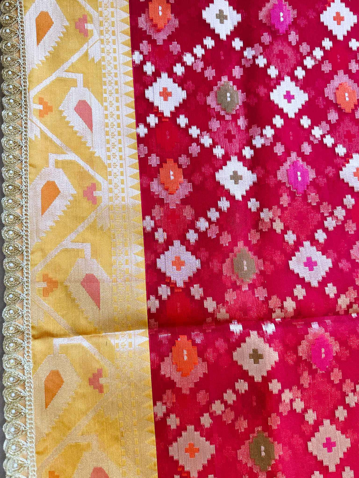 Rangmanjari — Bamboo Kora Saree in Magenta-Red with Multicolour Patola Weave & Lace Border