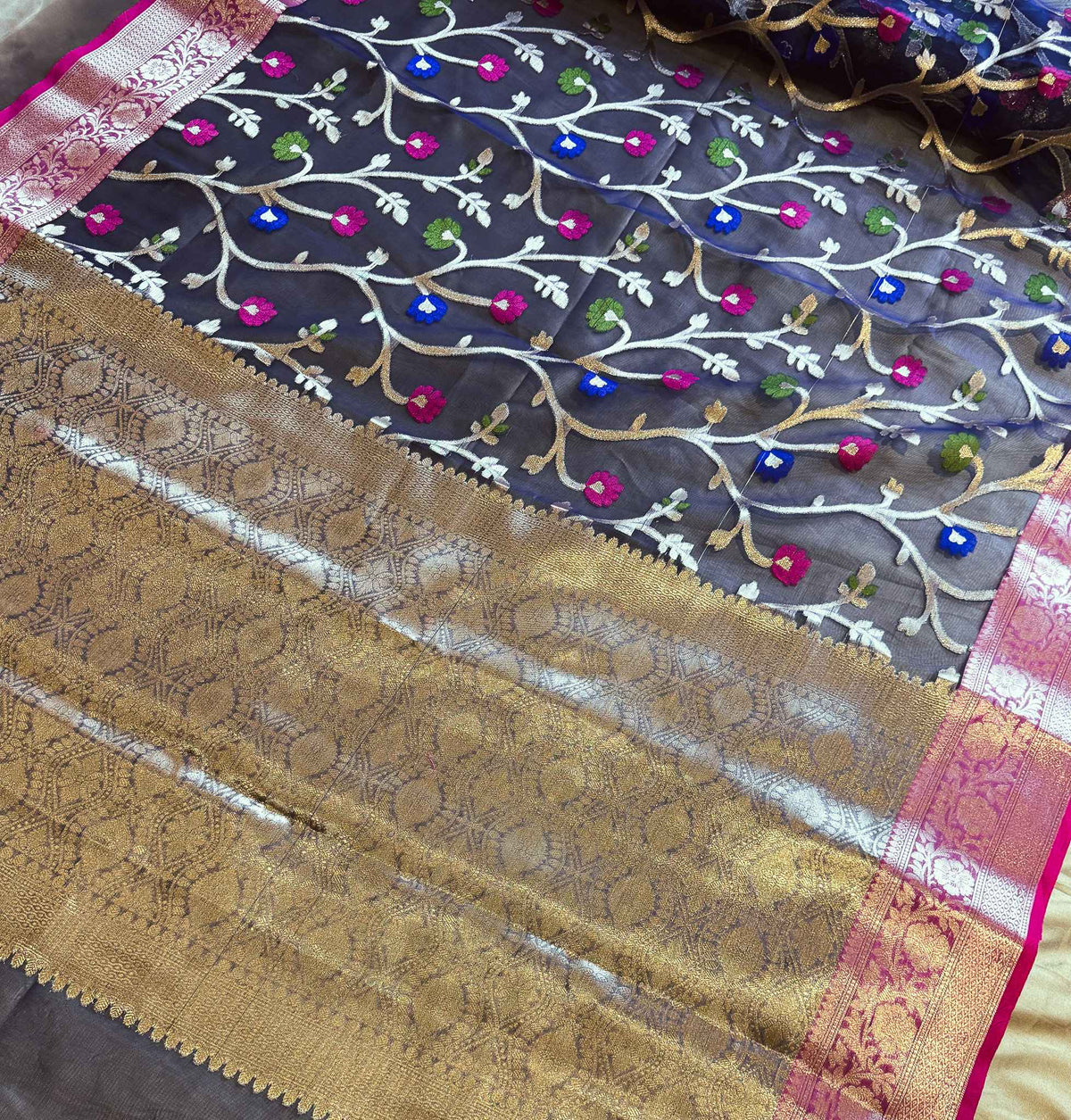 Nishpatra — Bamboo Kora Saree in Navy Blue with Floral Vine