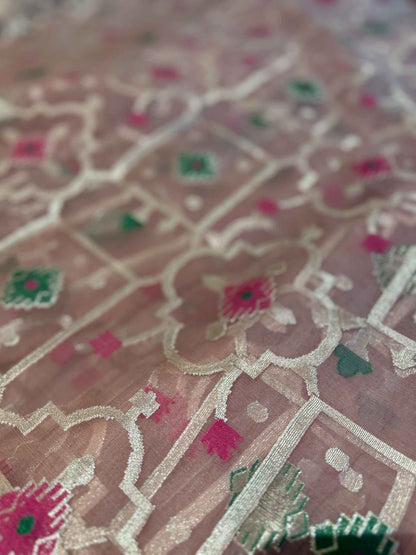 Gulnar — Bamboo Kora Saree in Dusty Pink with Geometric Jaal Weave