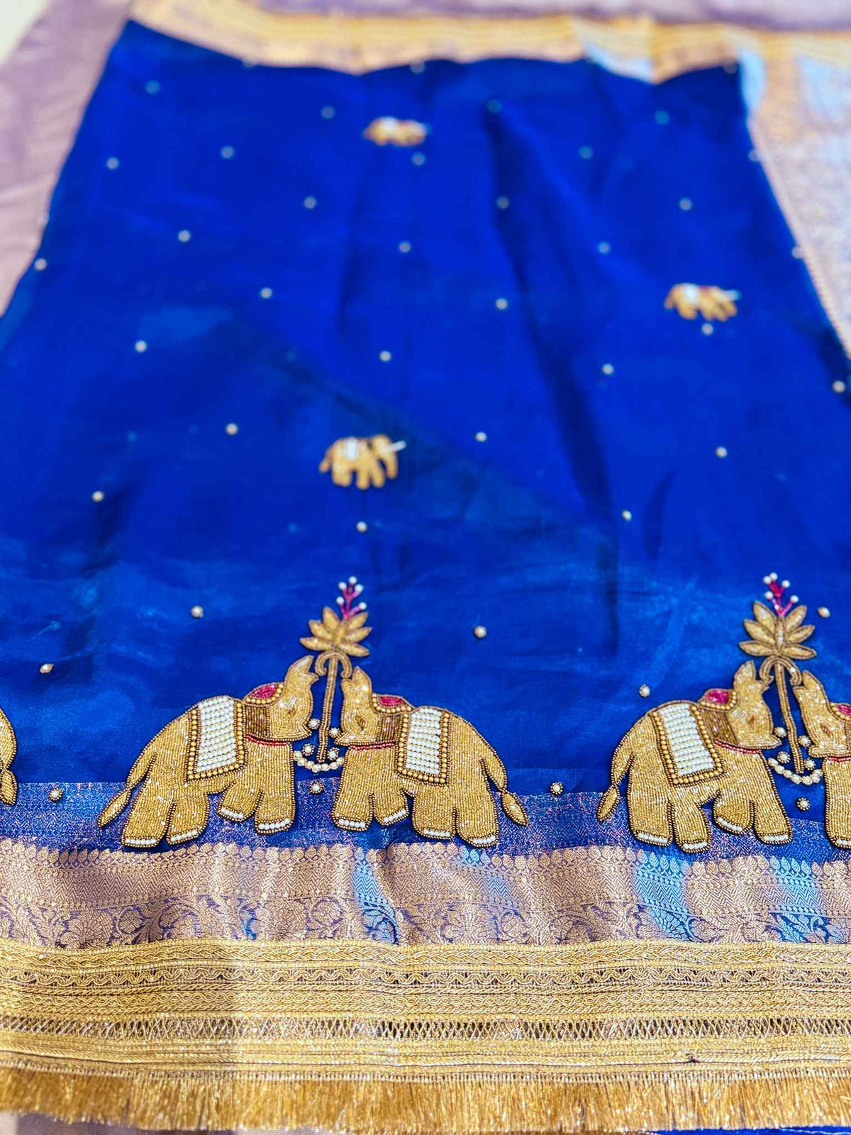 Gajmayuri — Pure Tissue Silk Saree with Hand Embroidered Elephant Motifs