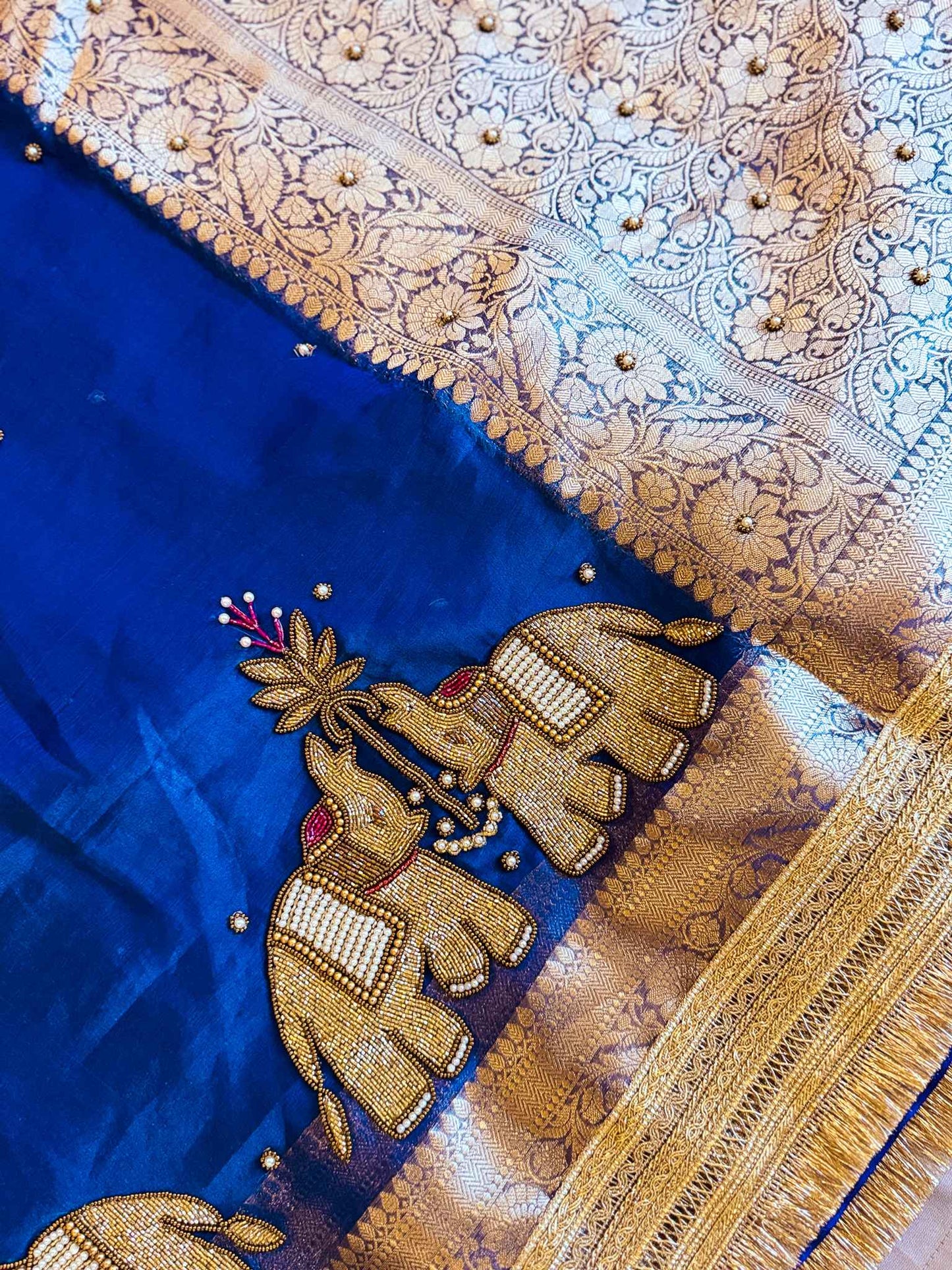 Gajmayuri — Pure Tissue Silk Saree with Hand Embroidered Elephant Motifs