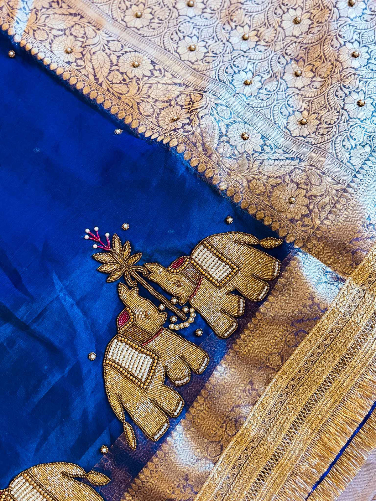 Gajmayuri — Pure Tissue Silk Saree with Hand Embroidered Elephant Motifs