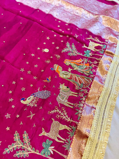 Madhuvan — Pure Banarasi Silk Saree with Radha-Krishna Beadwork