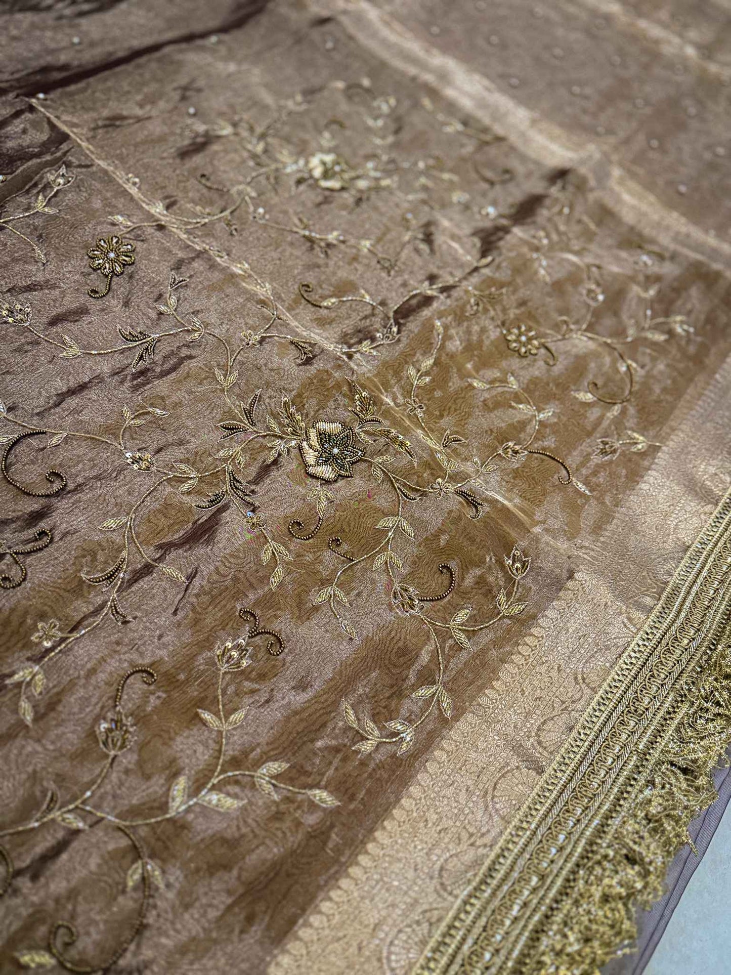Swarnalata — Pure Tissue Silk Saree with Hand Embroidered Floral Vine