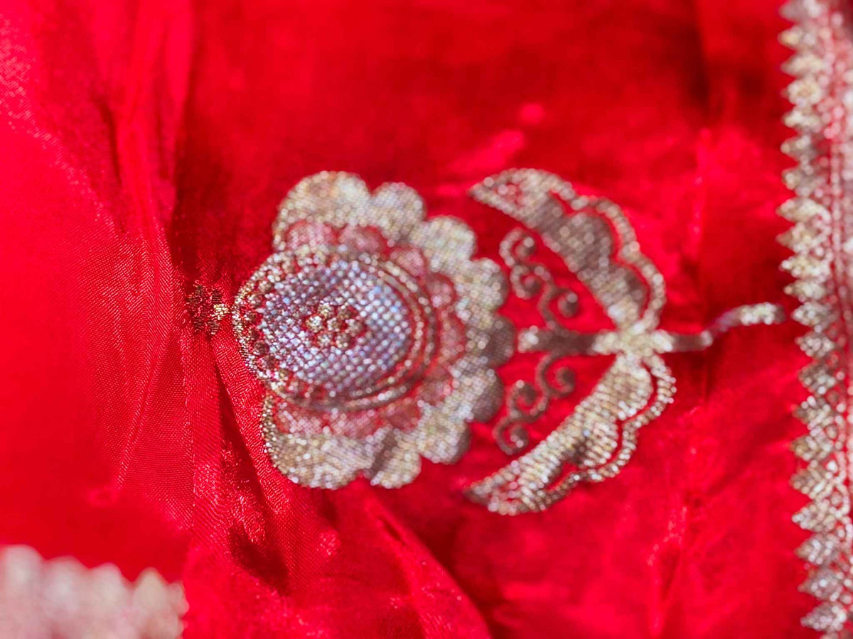 Aamrapali — Raw Mango Silk Saree in Bright Red with Zari Floral Border
