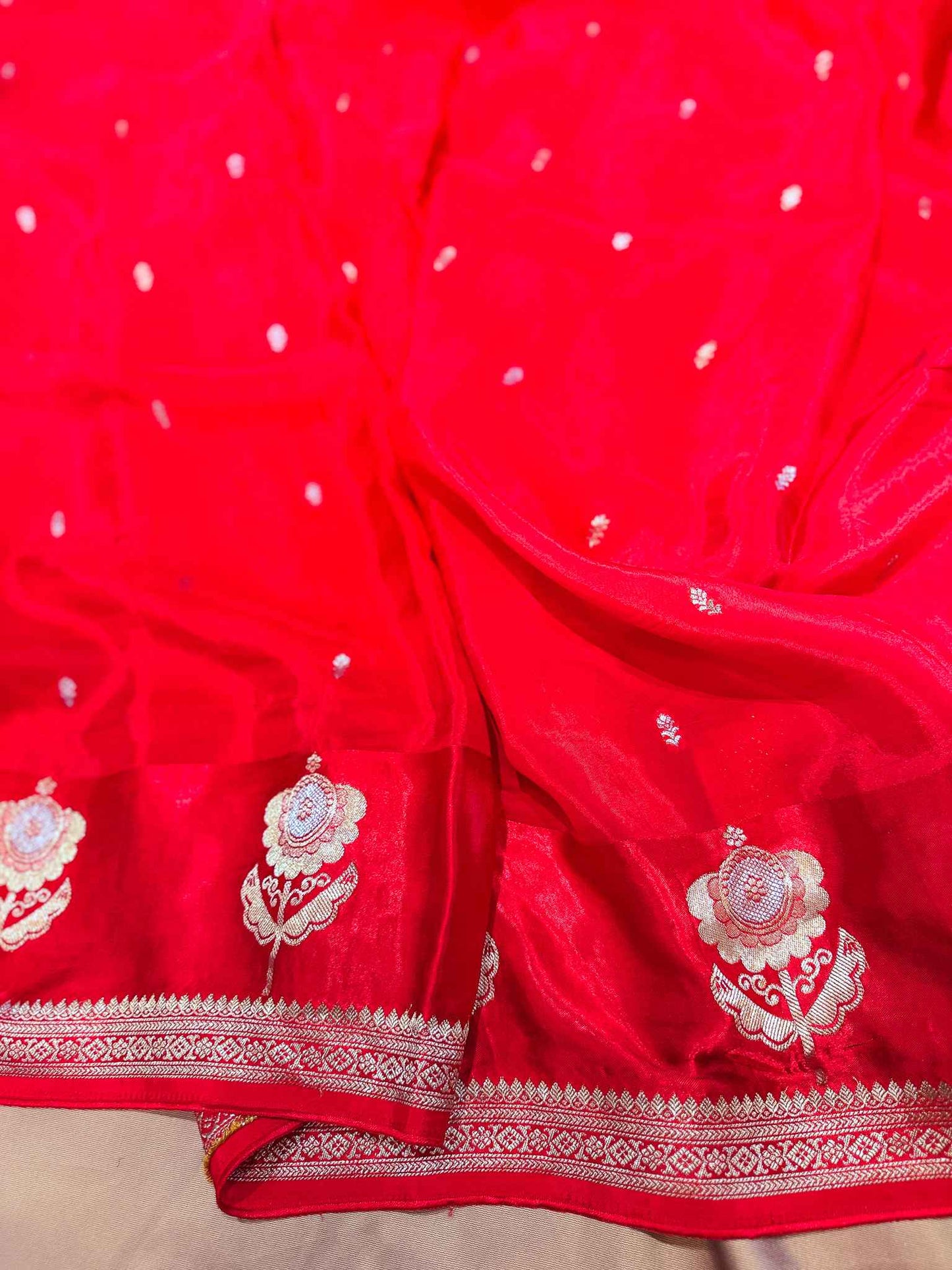 Aamrapali — Raw Mango Silk Saree in Bright Red with Zari Floral Border