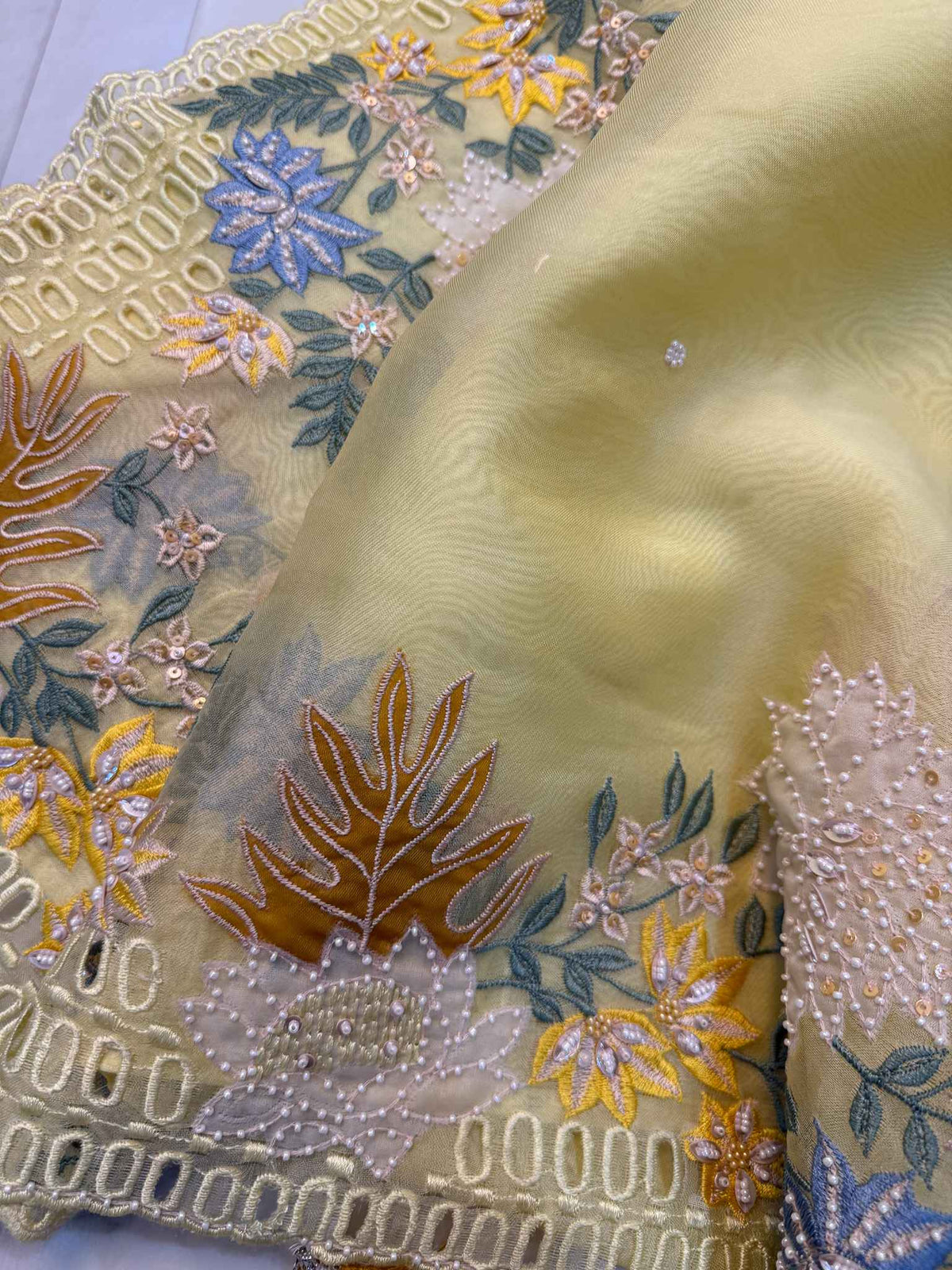 Golden Flora — Pure Organza Appliqué Saree