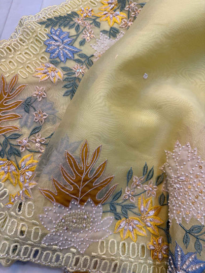 Golden Flora — Pure Organza Appliqué Saree