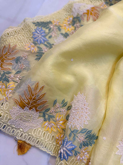 Golden Flora — Pure Organza Appliqué Saree