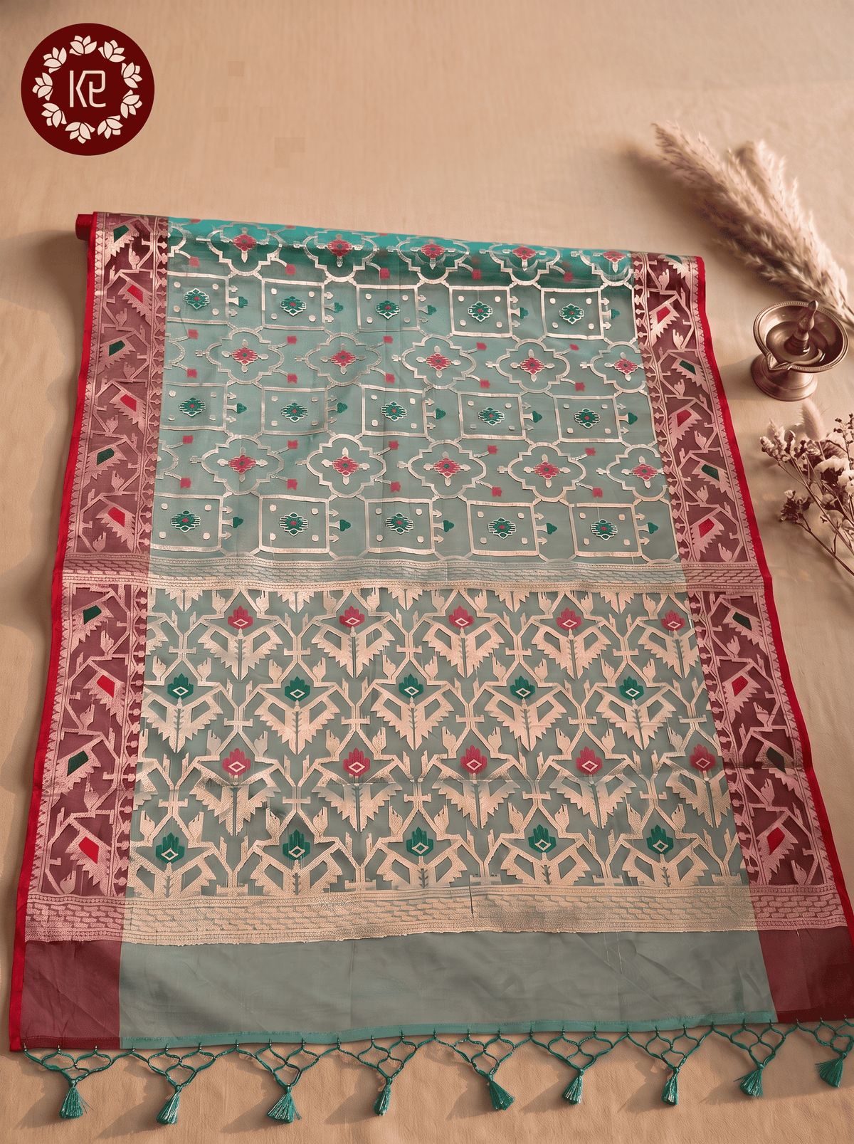 Vanshika — Bamboo Kora Saree in Mint with Geometric Jaal Weave