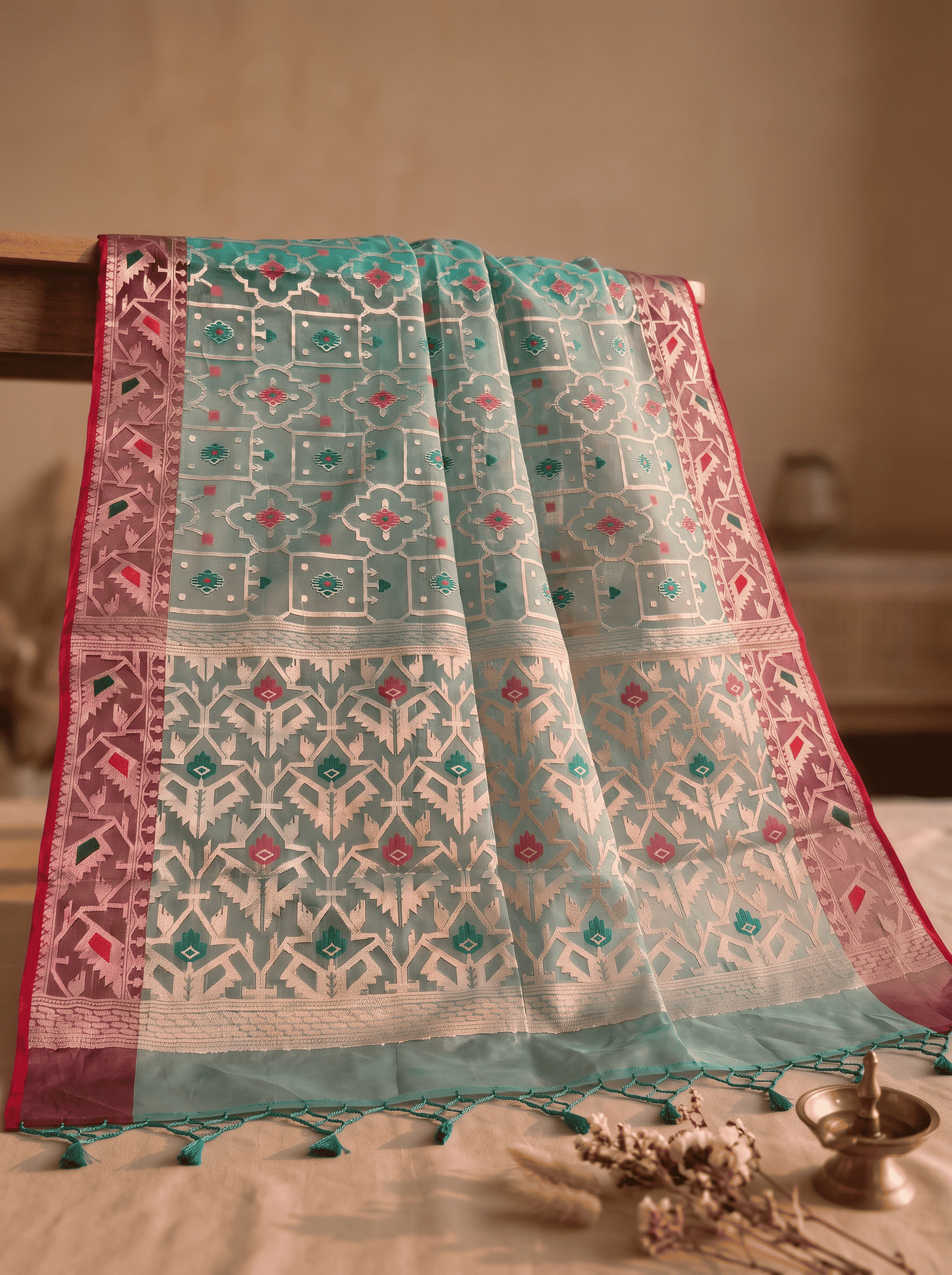 Vanshika — Bamboo Kora Saree in Mint with Geometric Jaal Weave