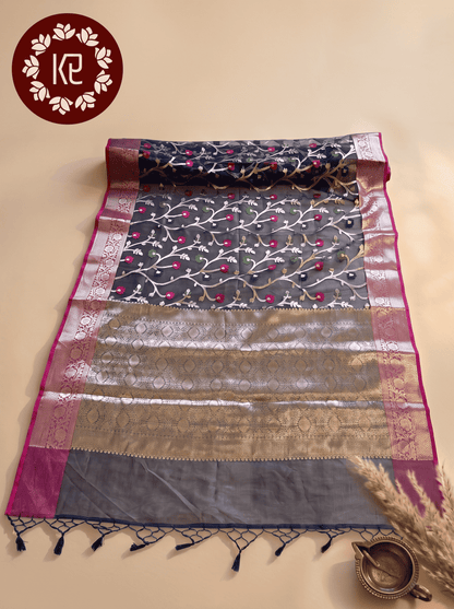 Nishpatra — Bamboo Kora Saree in Navy Blue with Floral Vine