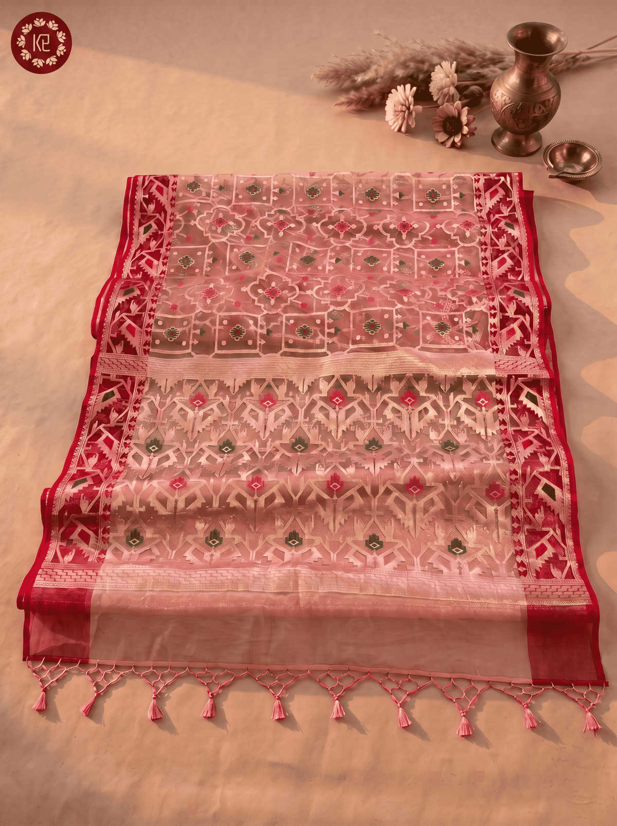 Gulnar — Bamboo Kora Saree in Dusty Pink with Geometric Jaal Weave