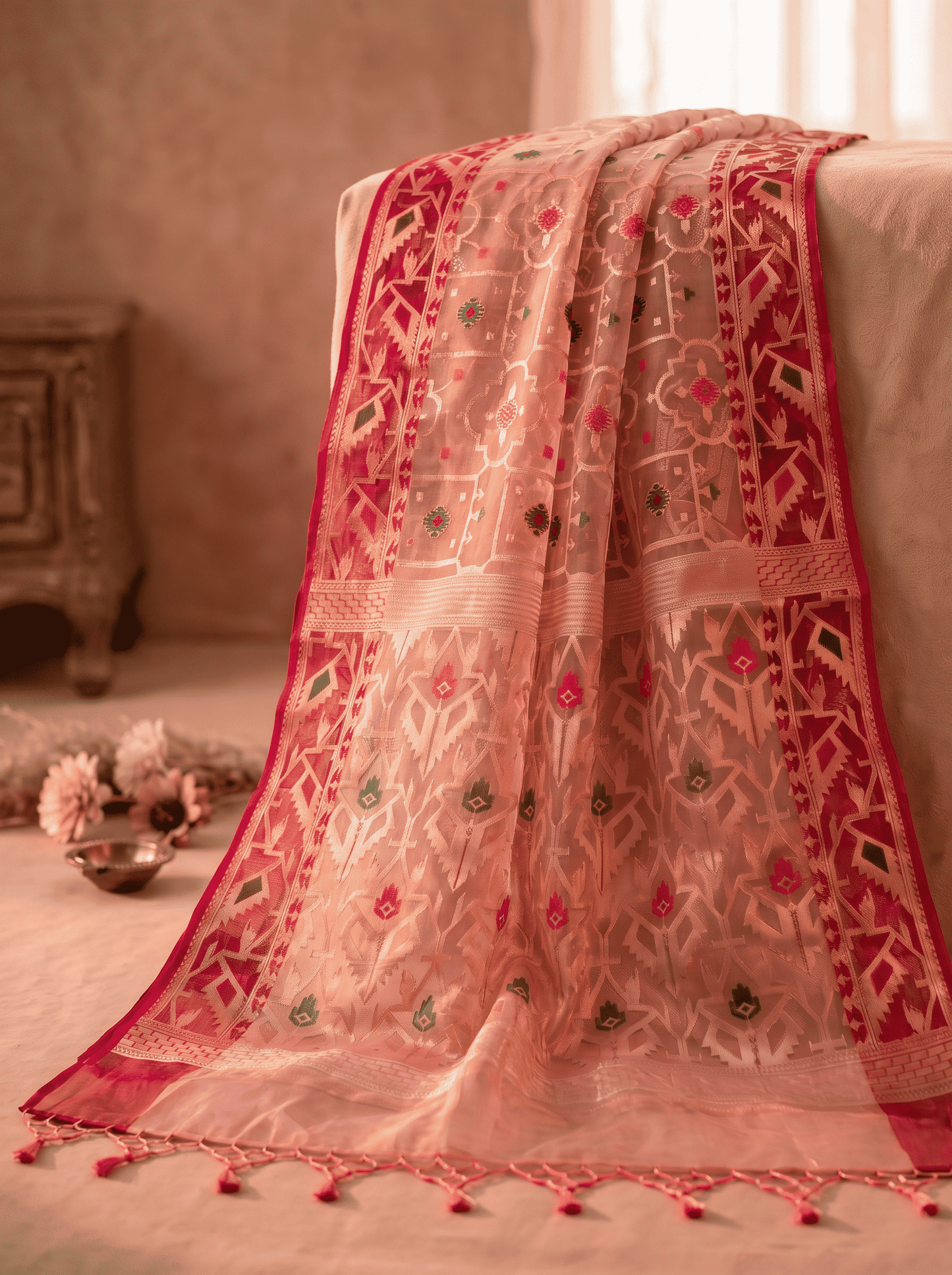 Gulnar — Bamboo Kora Saree in Dusty Pink with Geometric Jaal Weave