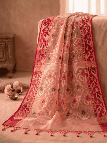 Gulnar — Bamboo Kora Saree in Dusty Pink with Geometric Jaal Weave
