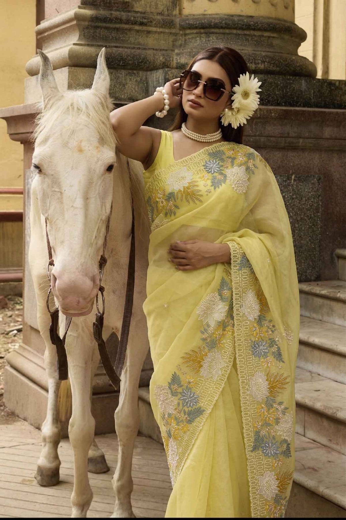 Golden Flora — Pure Organza Appliqué Saree