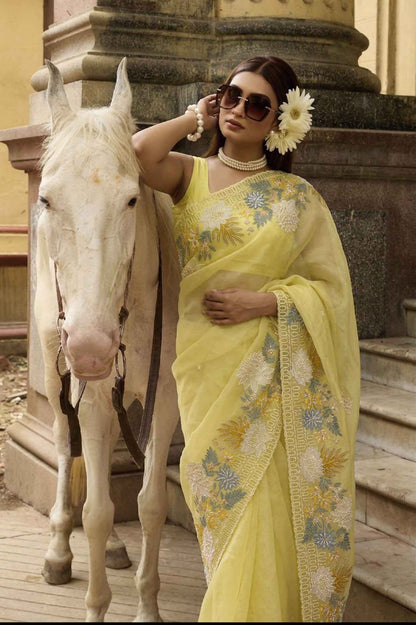 Golden Flora — Pure Organza Appliqué Saree