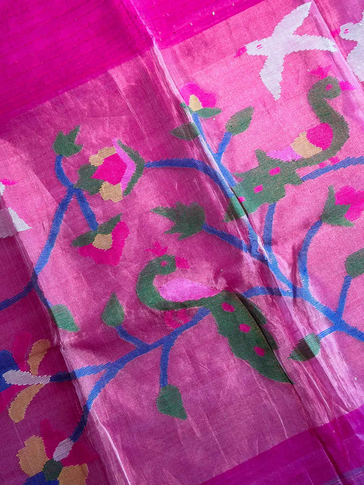Kokilamayi — Pure Pink Jamdani Saree with Woven Peacock Motifs