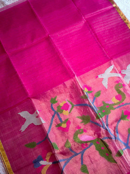 Kokilamayi — Pure Pink Jamdani Saree with Woven Peacock Motifs