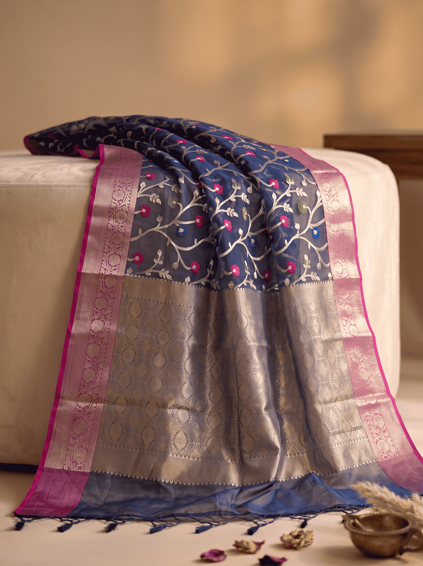 Nishpatra — Bamboo Kora Saree in Navy Blue with Floral Vine