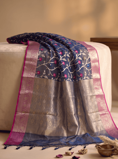 Nishpatra — Bamboo Kora Saree in Navy Blue with Floral Vine