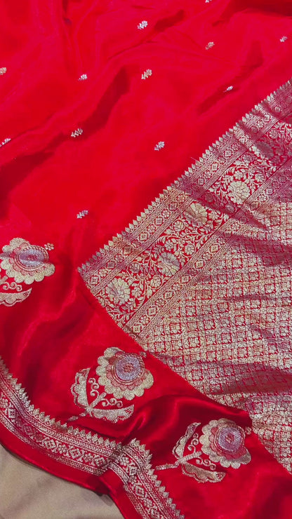 Aamrapali — Raw Mango Silk Saree in Bright Red with Zari Floral Border