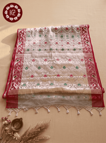 Shubranjali — Bamboo Kora Saree in White with Geometric Jaal Weave